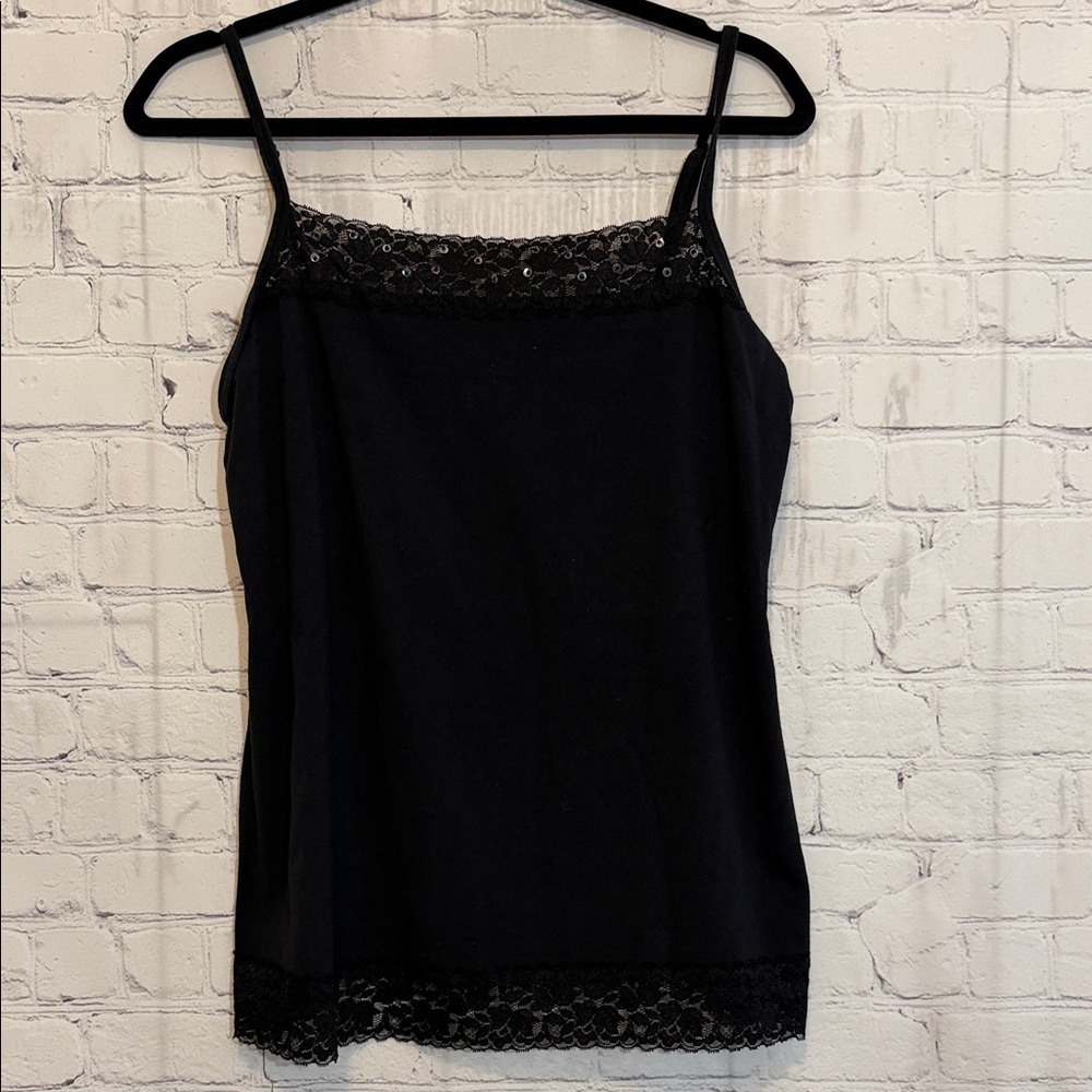 Y2K Fashion Bug Black Lace Cami Top With Sewn on Crystals Size Large